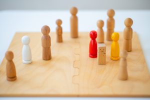 systemic board, family therapy, concept, psychotherapy wooden figures, people, team, family Constellation